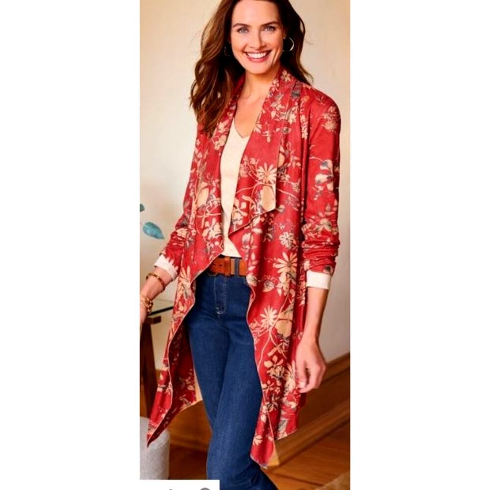 Soft Surroundings Red Floral Faux Leather Jacket  Size L